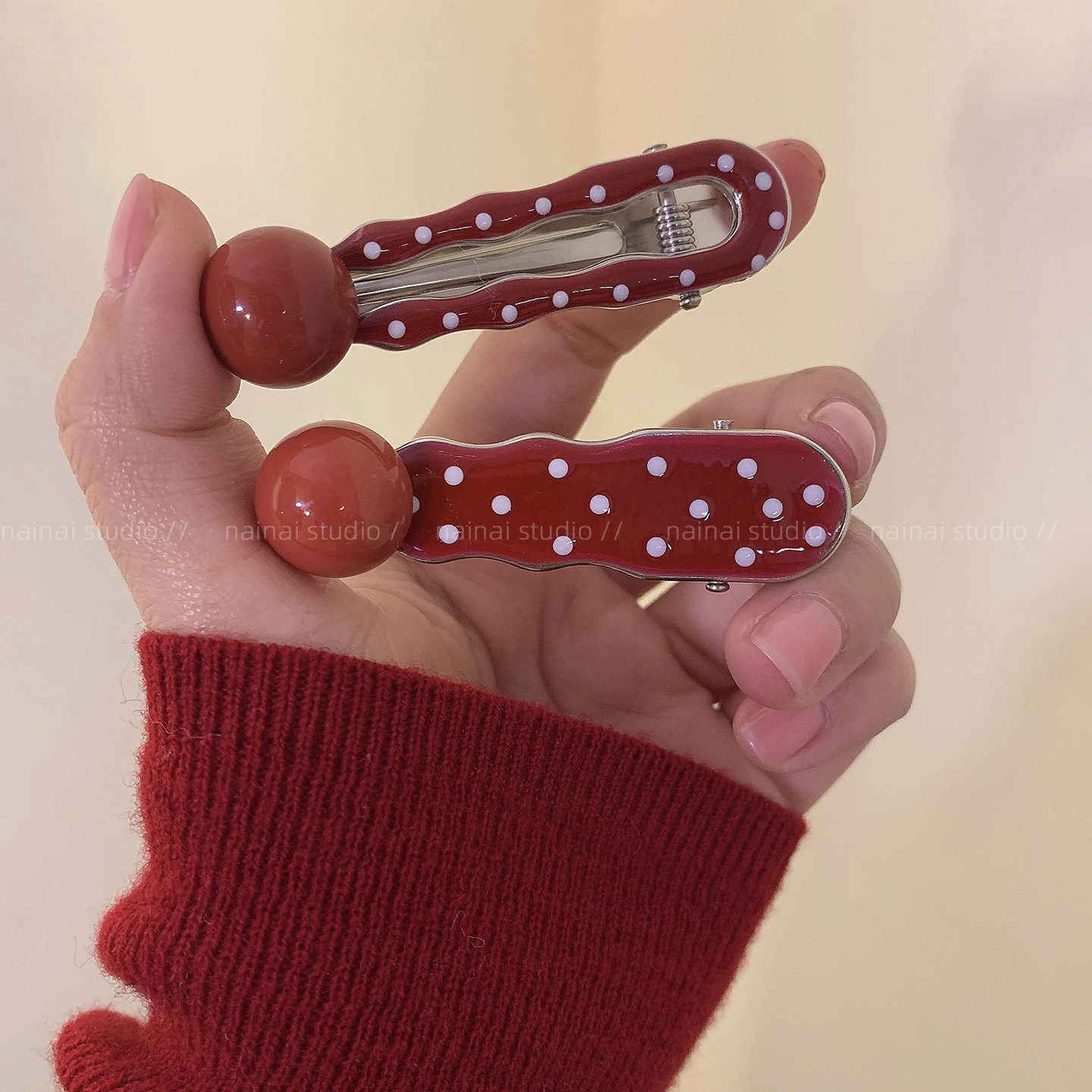 红色波点发夹2只装~2026新款气质侧边夹刘海夹发饰鸭嘴夹子气质