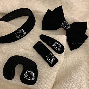 KT发夹系列~镶钻猫咪黑色丝绒发箍抓夹蝴蝶结顶夹BB夹发饰头饰女
