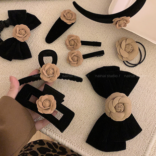 美拉德风~山茶花发夹~早秋复古棕色蝴蝶结顶夹侧边夹抓夹发箍发圈