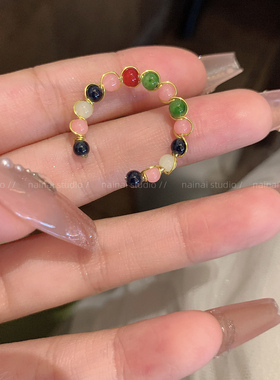 彩色串珠戒指~新中式气质民族风2025秋季新新款小众食指女戒指环A