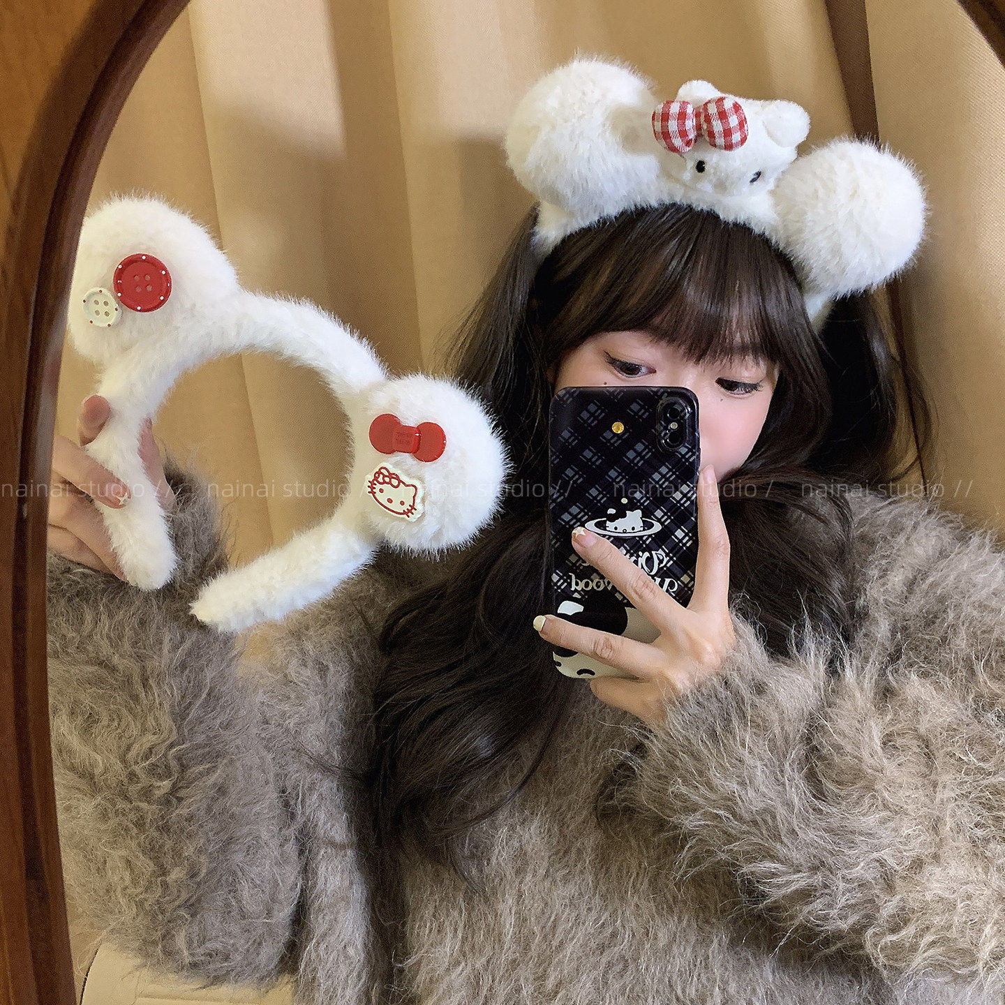 红色KT小熊耳朵发箍~毛绒可爱洗脸化妆专用头箍可爱猫咪发夹发饰