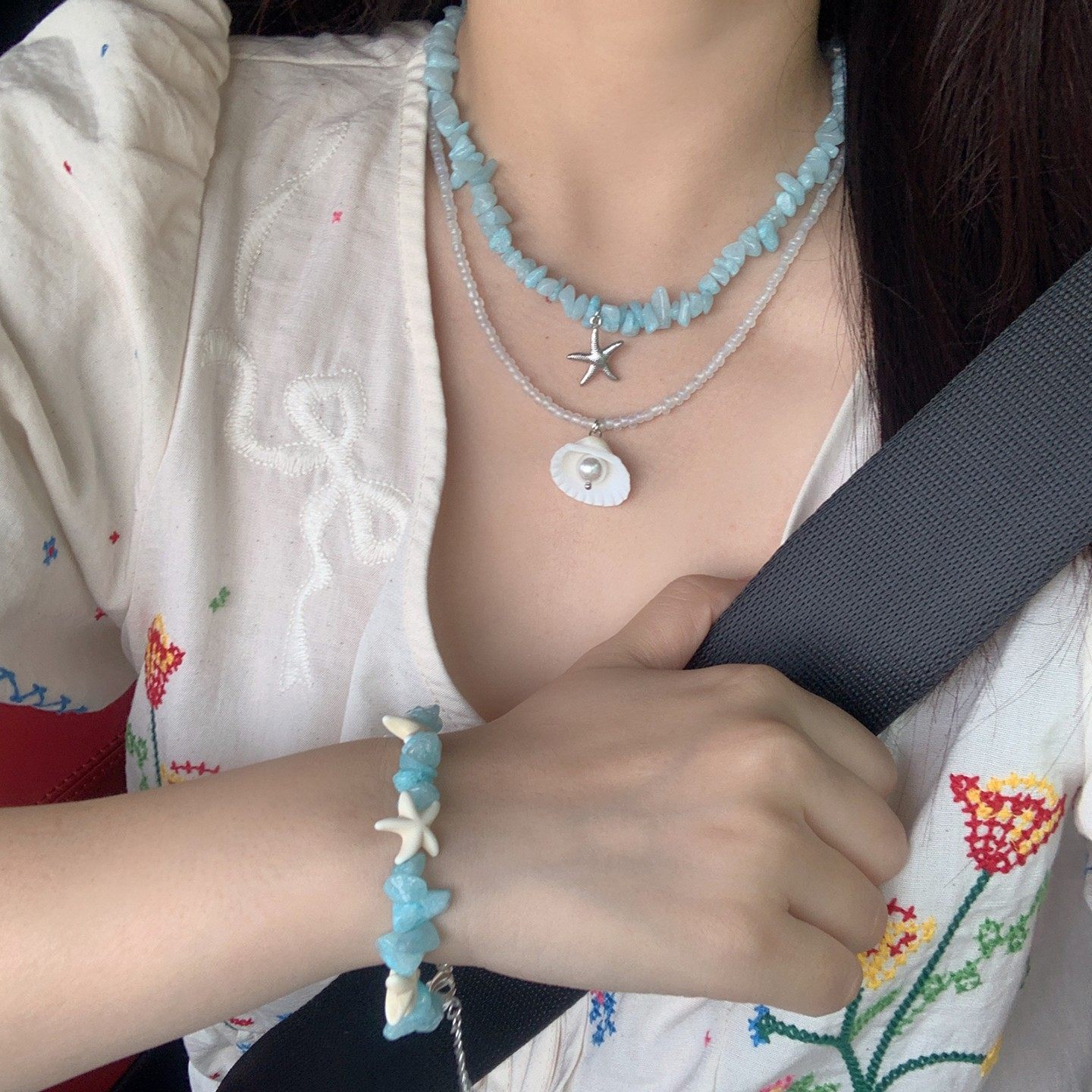 蓝色海星贝壳项链~双层叠戴碎石珍珠锁骨链海边度假风颈链配饰夏