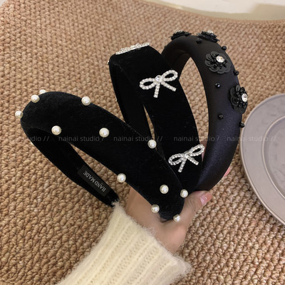 贵气丝绒发箍~复古法式黑色高级感水钻蝴蝶结千金感高颅顶头箍女