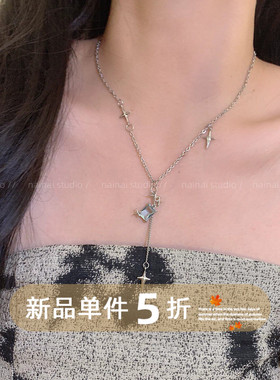 温柔繁星锆石项链~蓝色锆石流苏十字架清冷感小众设计锁骨链配饰A