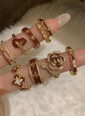 红色戒指集合~轻奢高级感新年开口可调节食指戒气质十字架指环女