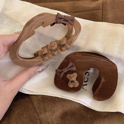 小熊抓夹~美拉德风咖色系蝴蝶结后脑勺盘发鲨鱼夹发夹发饰头饰女A
