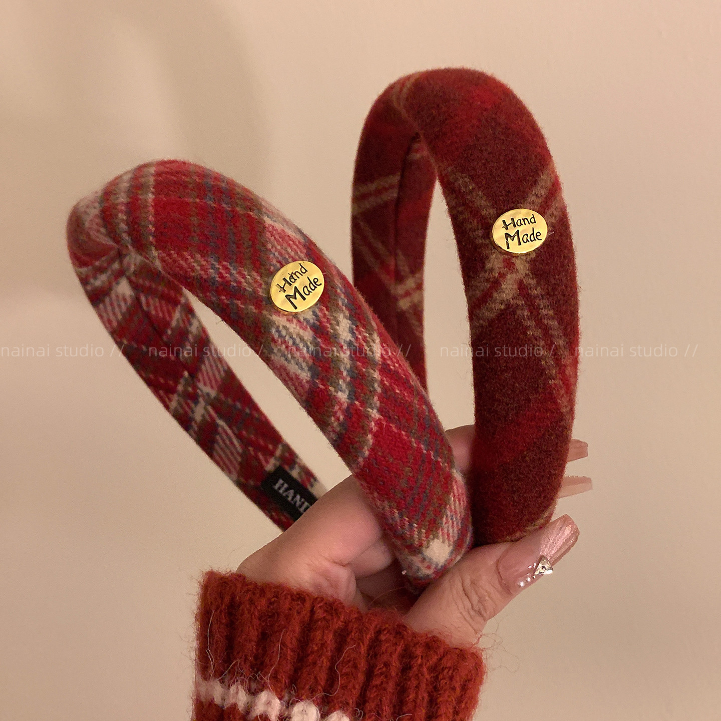 红色发箍~格纹复古小金标圣诞节韩国ins风秋冬小香风头箍发夹女A