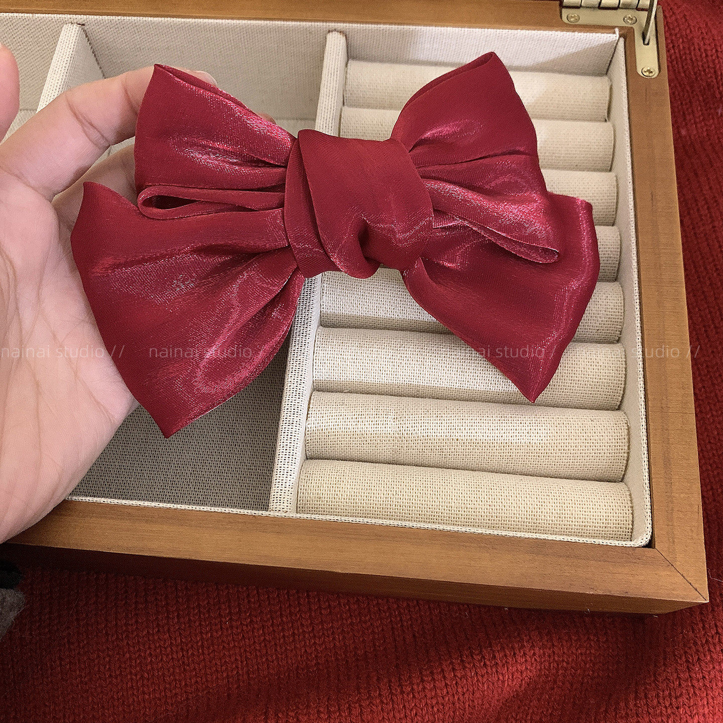 红色蝴蝶结发夹~适合圣诞节的发饰甜美亮丝后脑勺顶夹侧边夹头饰A