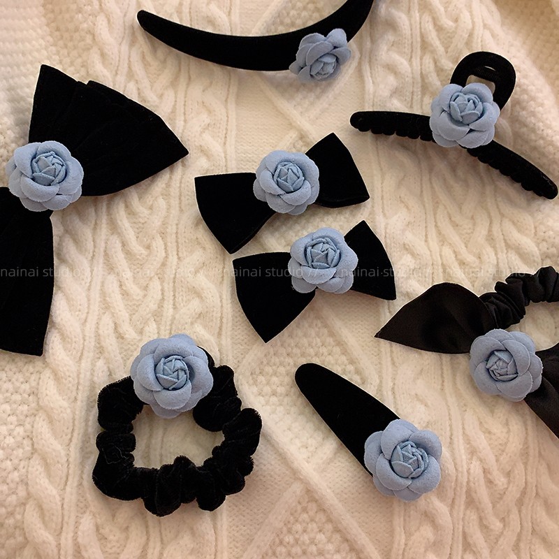 蓝色山茶花发饰~超仙玫瑰花复古法式黑色蝴蝶结发圈发绳头绳发夹