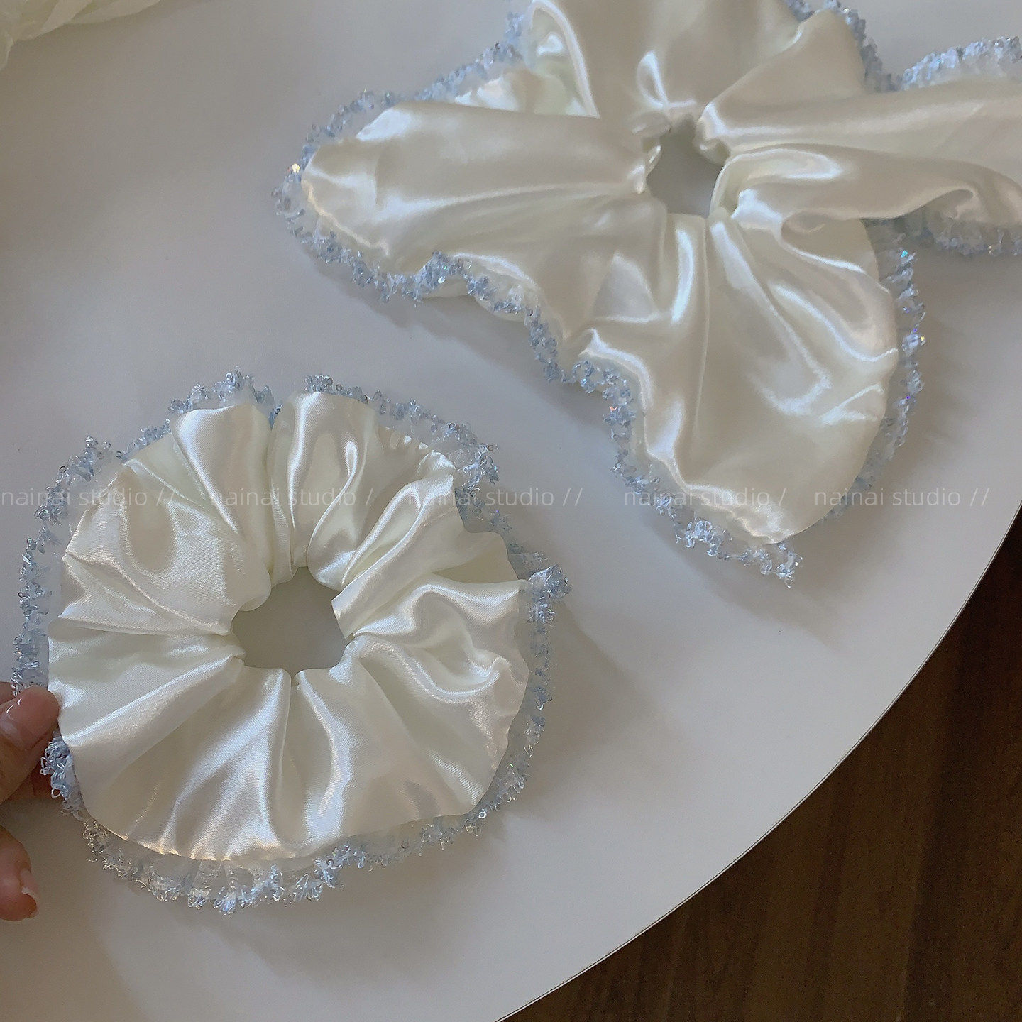 白月光大肠发圈~超仙珠光白色蕾丝花边方巾发绳低马尾皮筋头绳女