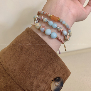 寿山石手链~彩色串珠天然石新中式民族风手饰手串闺蜜礼物配饰女A