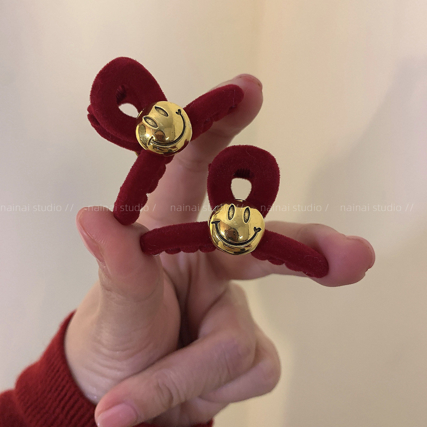 笑脸公主头~红色植绒韩系ins风小抓夹刘海前额侧边夹新年发夹发饰