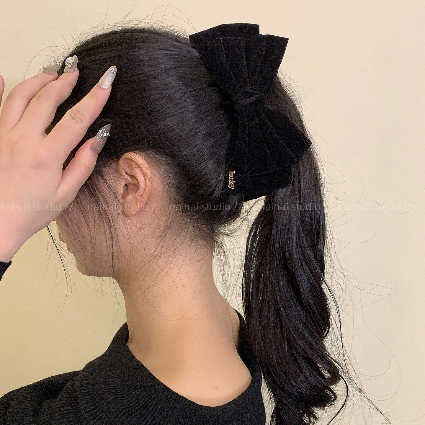 丝绒黑色竖夹~新年红色字母后脑勺盘发香蕉夹扭扭夹发夹发饰女冬