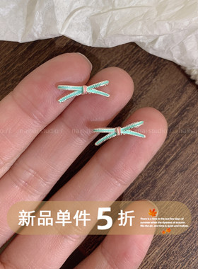 蓝色小蝴蝶结耳钉~韩系ins芭蕾风小众设计耳环气质日常耳饰