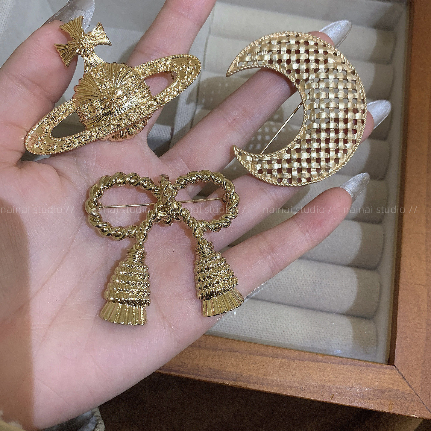 复古宫廷风胸针~月亮土星蝴蝶结胸花中古vintage大衣外套别针