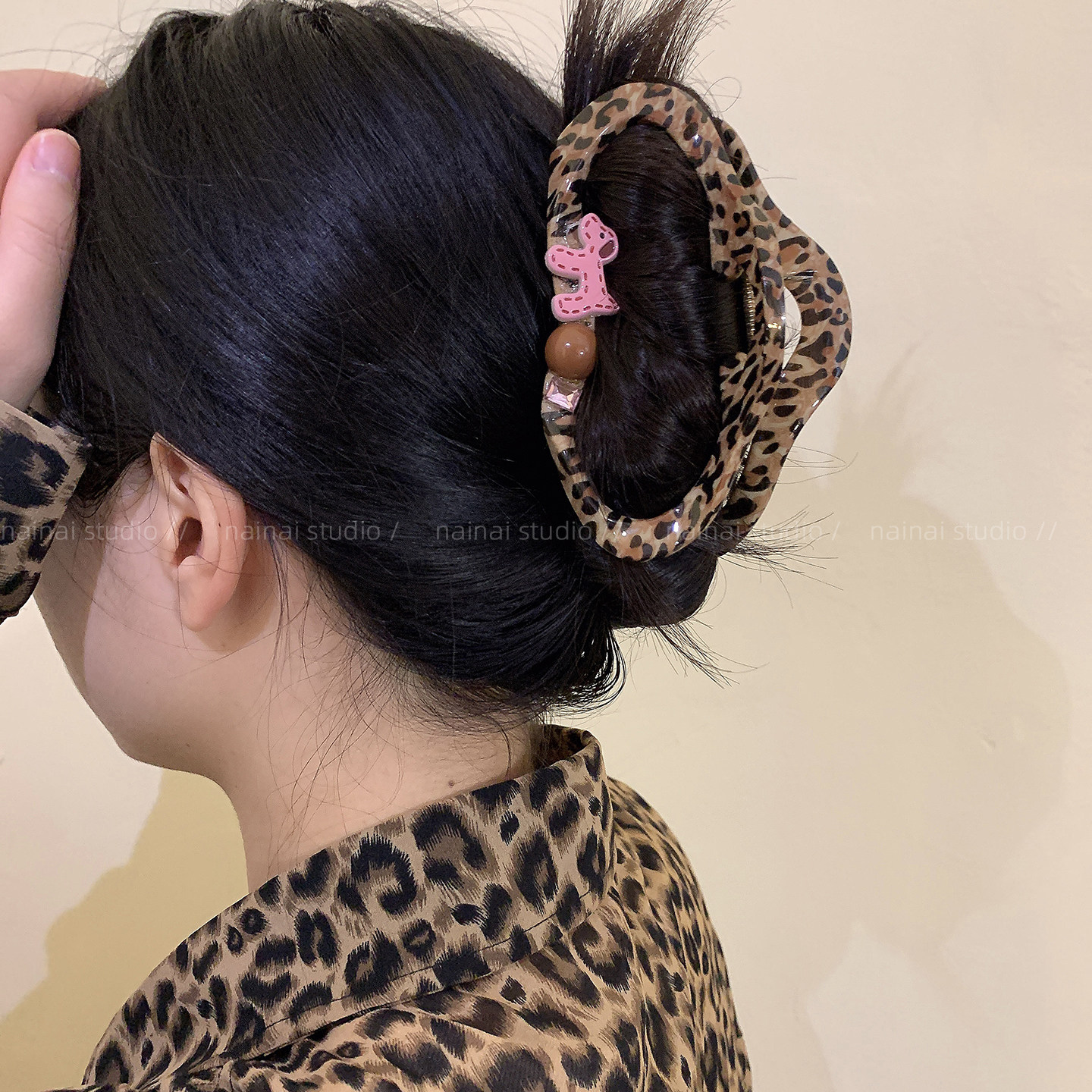 豹纹云朵抓夹~甜酷辣妹小狗云朵大号后脑勺盘发鲨鱼夹发夹发饰女