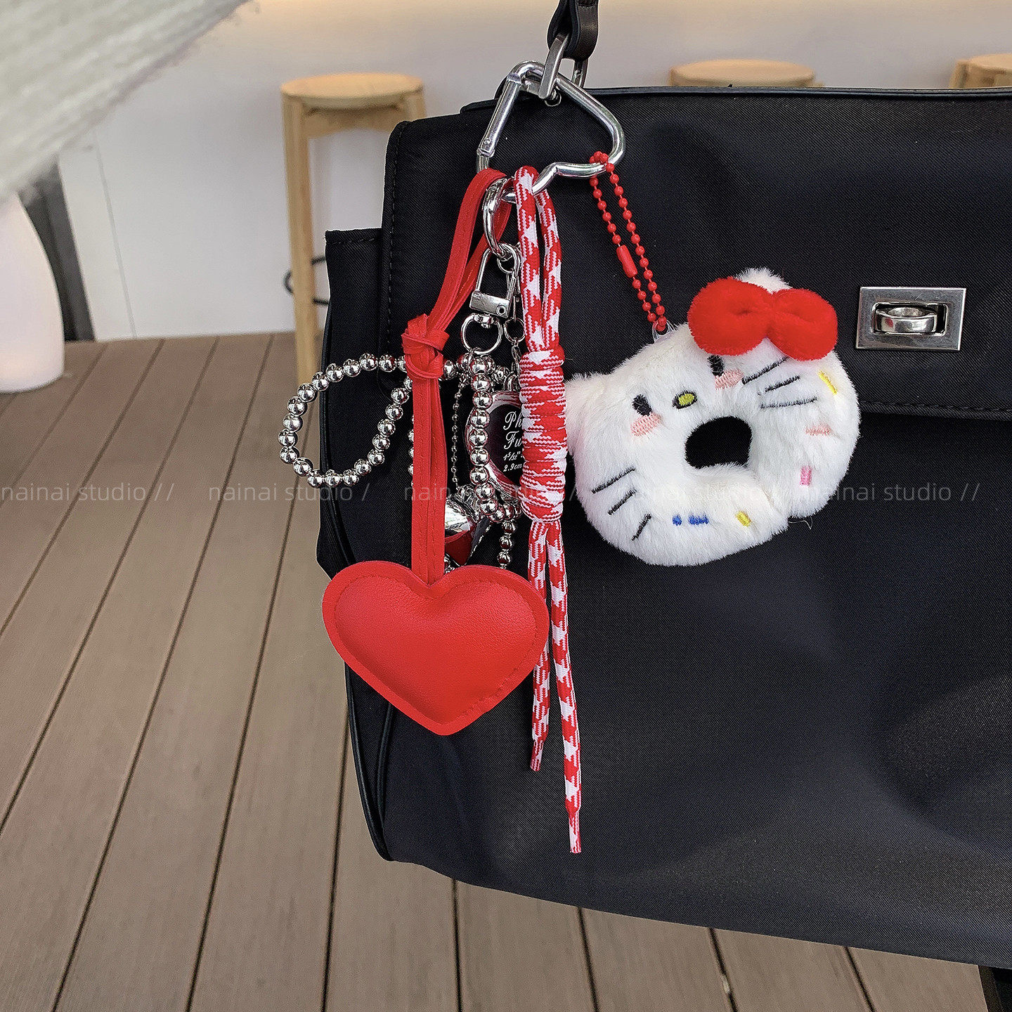 爱心Kitty挂件~毛绒miu系红色圣诞节KT猫咪包包挂饰挂绳车钥匙扣