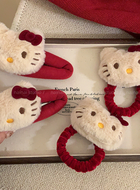 红色KT发夹~2只装！可爱毛绒绒卡通猫咪公仔侧边夹发圈发绳女发饰