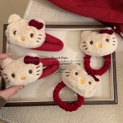 红色Kitty发夹~2只装！可爱毛绒绒卡通KT猫公仔侧边夹发圈发绳女