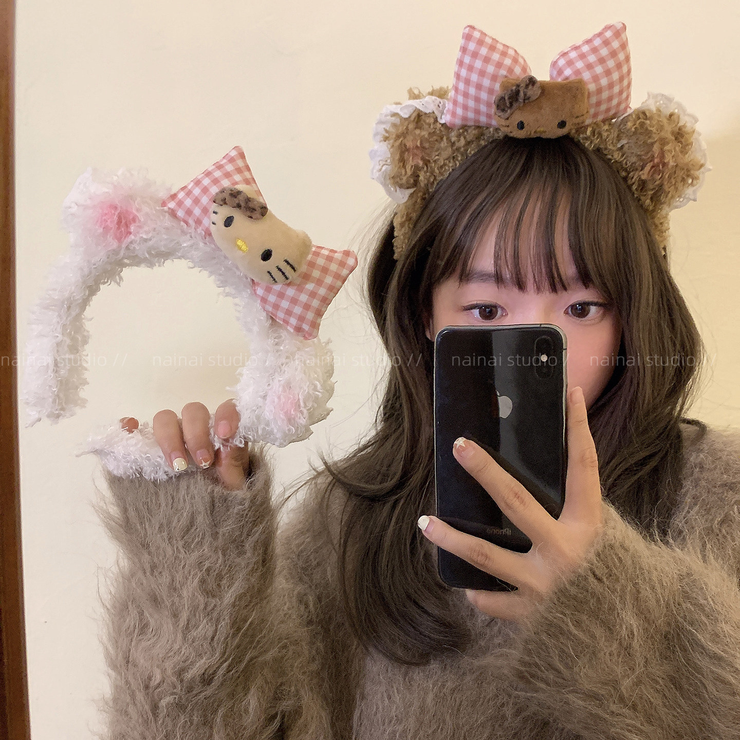 Kitty发箍~毛绒小熊耳朵腮红黑皮豹纹KT猫咪卡通可爱头箍洗脸