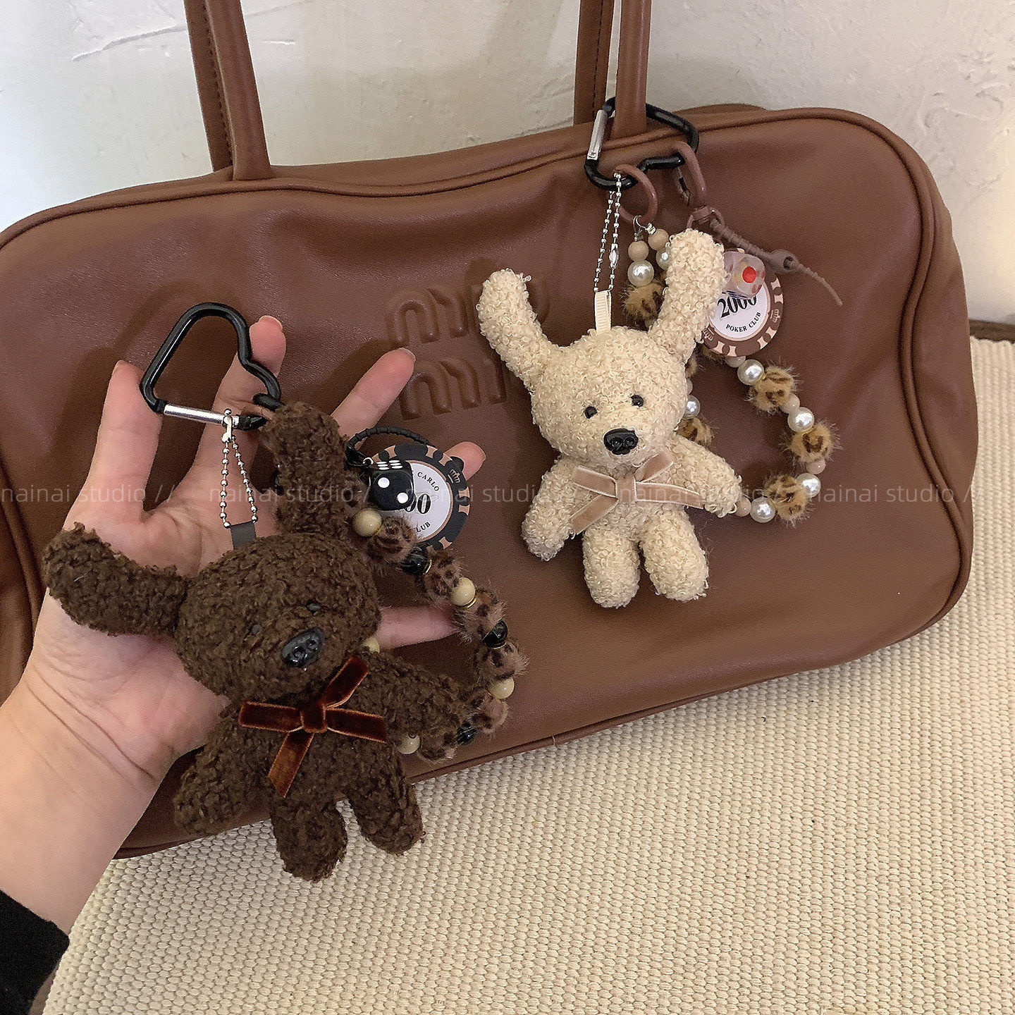 小兔子挂件~可爱毛绒玩偶公仔miu系风豹纹包包挂饰车钥匙扣配饰A