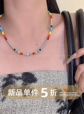 笑脸串珠项链~彩色甜美2026春夏季新款少女小众设计感锁骨链颈链A