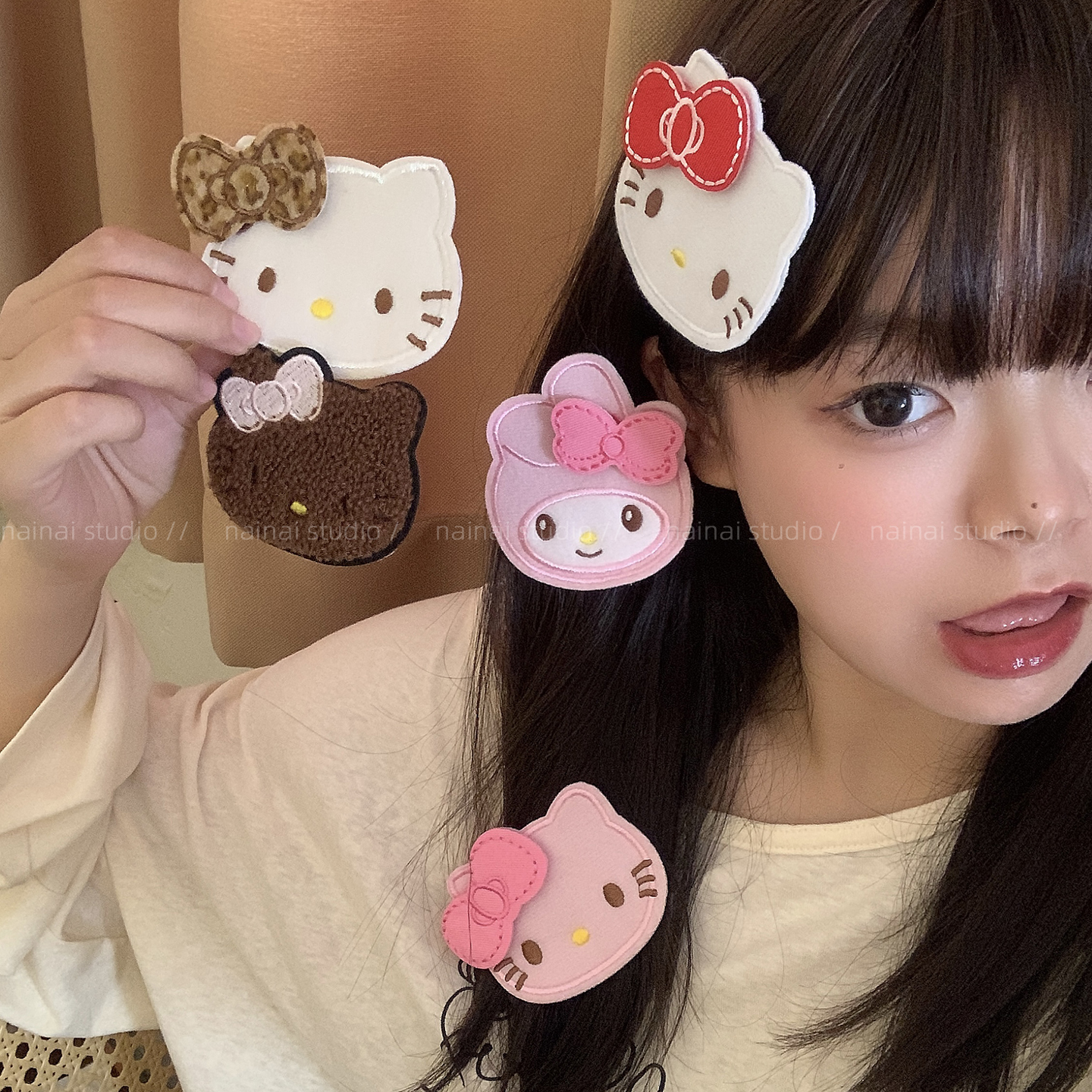 Kitty魔术贴~黑皮KT猫咪前额刘海贴碎发整理发夹发饰可爱卡通头饰
