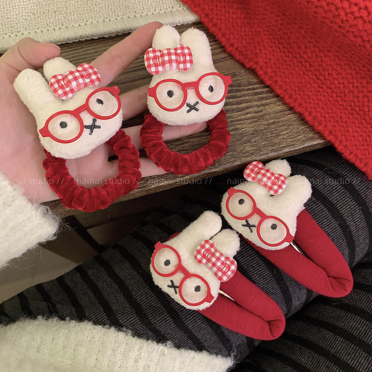 米菲兔子发夹2只装~红色圣诞节蝴蝶结丝绒发圈侧边夹刘海夹发饰女