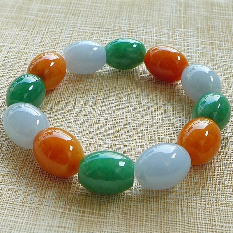 路路通冰糯种三彩翡翠手串