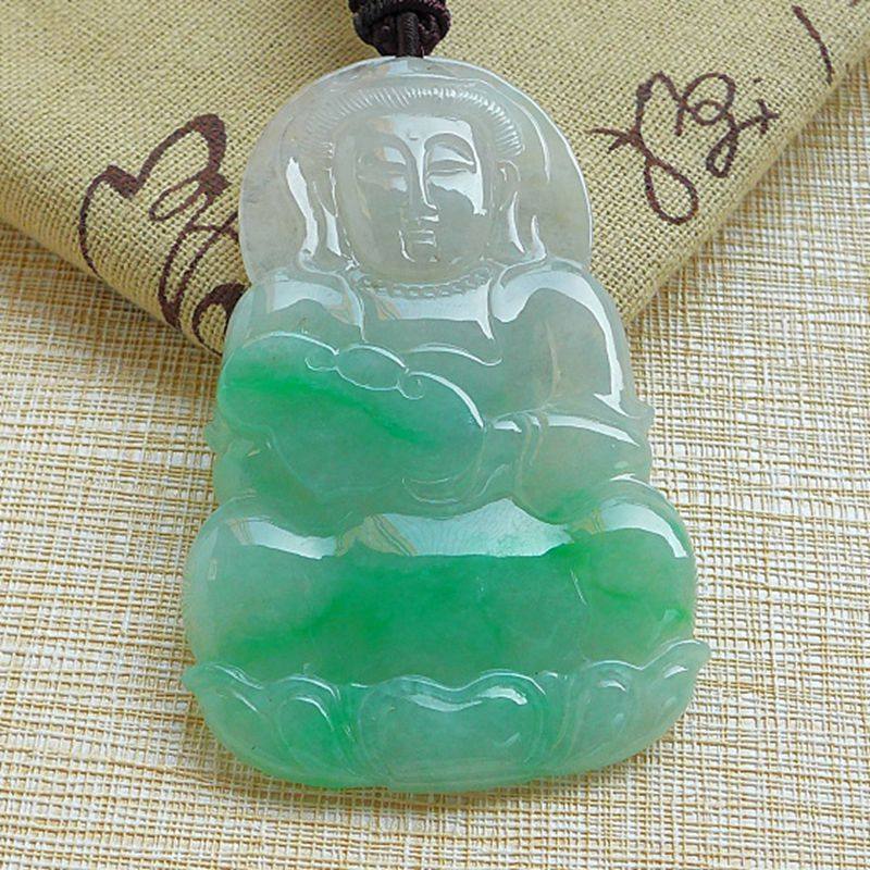 传世珍藏624# 老坑A货冰种阳绿冰润精雕大件翡翠观音吊坠