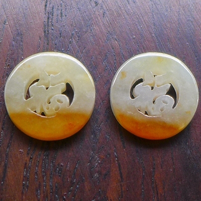 冰种起胶翡翠黄翡福扣一对