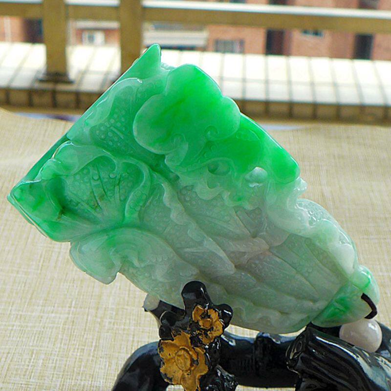 A货珠宝鉴定证477# 冰糯种阳绿水润精雕百财聚来翡翠白菜摆把件