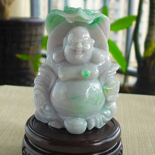 传世精品831# A货老坑阳绿春带彩冰润精雕招财龙尊王佛公翡翠摆件