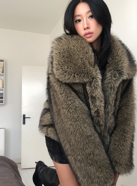 A BEAN 美式辣妹 时髦渐变翻领保暖加厚环保皮草外套毛毛夹克上衣