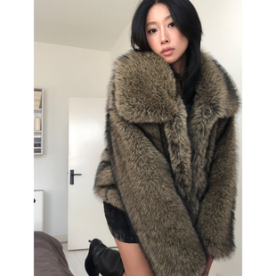 辣妹 美式 时髦渐变翻领保暖加厚环保皮草外套毛毛夹克上衣 BEAN