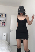 弹力螺纹V领修身 辣妹 美式 纯欲蕾丝吊带裙包臀收腰连衣裙 BEAN