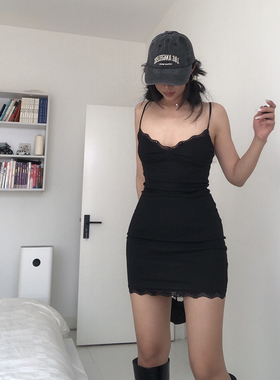 A BEAN 美式辣妹 弹力螺纹V领修身纯欲蕾丝吊带裙包臀收腰连衣裙