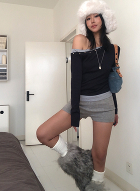 A BEAN 美式辣妹撞色假两件斜肩铆钉弹力长袖T恤休闲露肩打底上衣