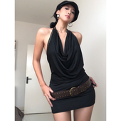 美背露背包臀短裙 慵懒荡领挂脖系带铆钉连衣裙 BEAN 千禧辣妹