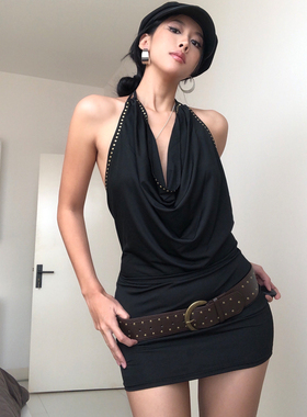 A BEAN 千禧辣妹 慵懒荡领挂脖系带铆钉连衣裙 美背露背包臀短裙