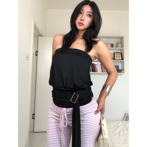 abg辣妹设计感收腰褶皱绑带抹胸