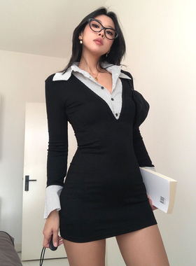 A BEAN 美式辣妹撞色V领拼接假两件衬衫收腰连衣裙海妖风包臀短裙