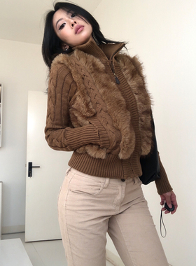 A BEAN 美式复古辣妹 麻花拼接环保皮草毛毛外套高领拉链针织毛衣