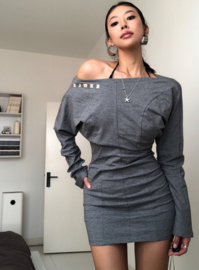 A BEAN 美式辣妹 慵懒斜肩宽松收腰包臀连衣裙 露肩长袖短裙