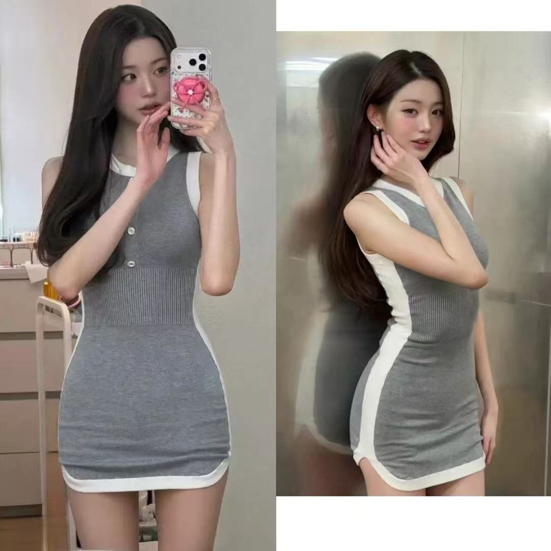 张元英同款夏复古针织包臀连衣裙