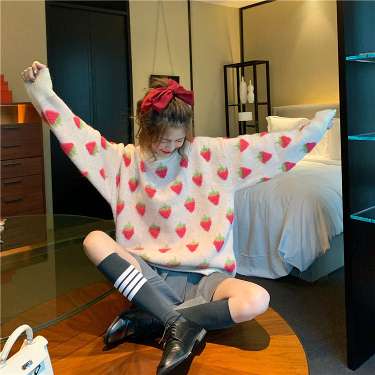 滕白桃提花草莓图案加厚毛衣女