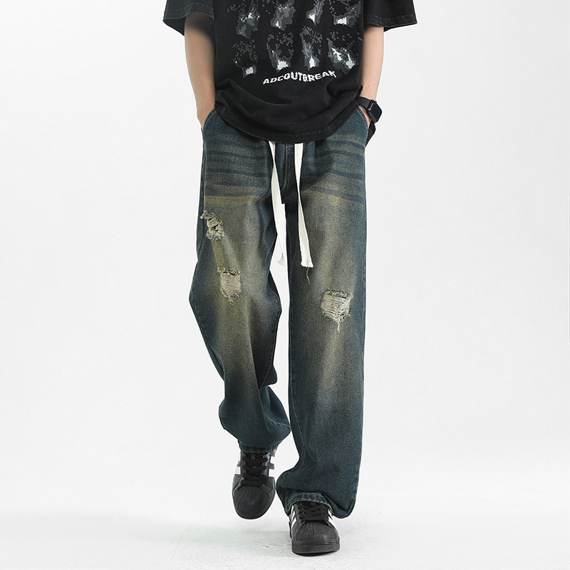 美式复古破洞牛仔裤男宽松直筒阔腿裤百搭痞帅做旧长裤新款刮烂潮