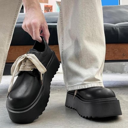 德比鞋男厚底休闲增高7cm圆头平底皮鞋高级感黑色大头鞋cleanfit