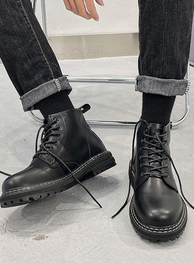 马丁靴男英伦风中帮增高秋冬加绒工装切尔西靴透气黑色高帮皮鞋潮