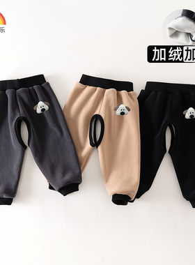 宝宝加绒加厚卫裤外穿裤子冬季保暖棉裤儿童开裆档男女童纯色长裤